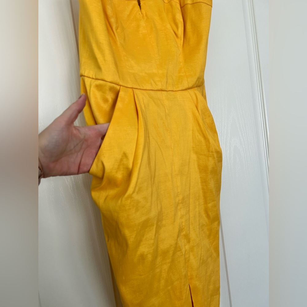 Badgley Mischka Canary Yellow Strapless Sheath Cocktail Wedding Guest Midi Dress - Picture 2 of 5